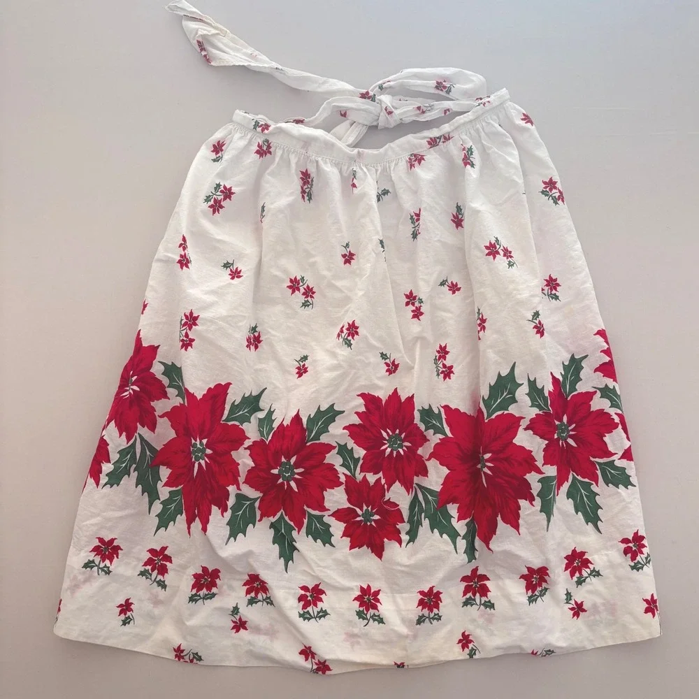 Vtg 1950s Christmas Half Apron Poinsettia Border Print MCM Holiday Hostess AS IS